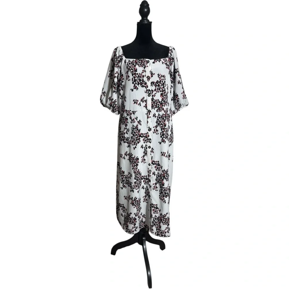 Ophelia Roe Lightweight Balloon Sleeve Chic Floral Black/White/Red Midi Dress